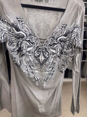 Affliction Gray Long Sleeve V-Neck Top with Winged Crest Graphic